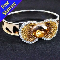 14K Gold Plated Leopard Spots Bangle Bracelet with Resin and Crystal Ribbon