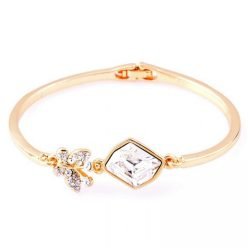 14K Gold Plated with Rhinestone Little butterfly on a Rock style bangle bracelet