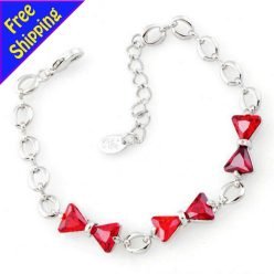 Imitation Platinum Plated Red Crystal Bowknot Chain Bracelet Fashion Women Girl